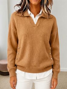 Holdful Holdful Pakaian Musim Gugur UNTUK Wanita: Sweater Lengan Panjang Kancing Bergaya Vintage untuk Wanita, Serbaguna - Rust Brown - View 3