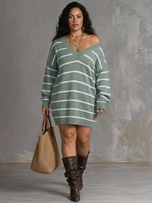 SHEIN CURVE+ Black White V Neck Striped Pattern Drop Shoulder Sweater,Knitted Sweater In Fall/Winter - Green - View 2