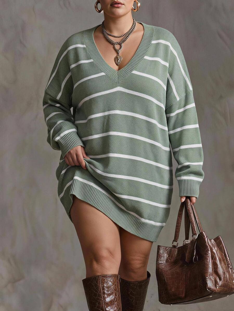 SHEIN CURVE+ Black White V Neck Striped Pattern Drop Shoulder Sweater,Knitted Sweater In Fall/Winter - Green - View 1