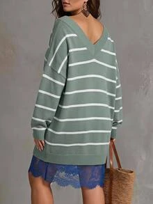 SHEIN CURVE+ Black White V Neck Striped Pattern Drop Shoulder Sweater,Knitted Sweater In Fall/Winter - Green - View 4