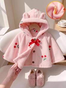 SHEIN 女嬰幼兒女童連帽斗篷大衣 可愛甜美粉色櫻桃印花蝴蝶結 3D耳朵 斗篷袖 連帽加厚 派對冬季秋季毛絨毛茸茸針織衫 - 粉色 - 查看 2