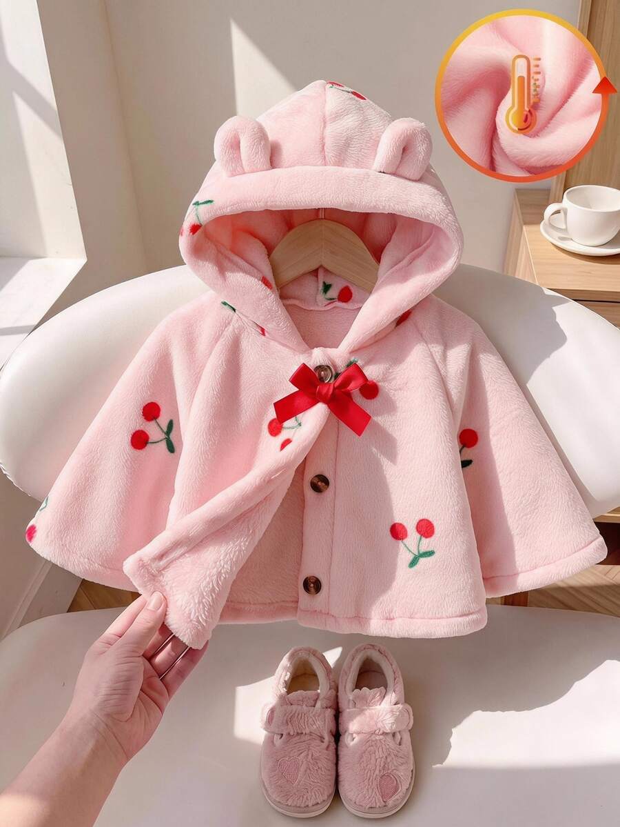 SHEIN 女嬰幼兒女童連帽斗篷大衣 可愛甜美粉色櫻桃印花蝴蝶結 3D耳朵 斗篷袖 連帽加厚 派對冬季秋季毛絨毛茸茸針織衫