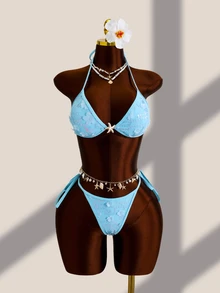 Costavie 2pcs/Set Spring/Summer Halter Neck Solid Color Sequin Sexy Tropical Hot Bikini Swimwear Beach Vacation Party Light Blue Floral - Blue - View 4