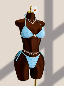 Costavie 2pcs/Set Spring/Summer Halter Neck Solid Color Sequin Sexy Tropical Hot Bikini Swimwear Beach Vacation Party Light Blue Floral - Blue - View 7