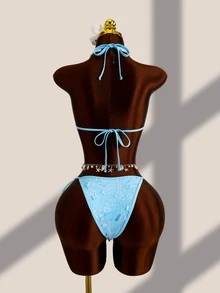 Costavie 2pcs/Set Spring/Summer Halter Neck Solid Color Sequin Sexy Tropical Hot Bikini Swimwear Beach Vacation Party Light Blue Floral - Blue - View 2