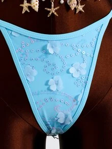 Costavie 2pcs/Set Spring/Summer Halter Neck Solid Color Sequin Sexy Tropical Hot Bikini Swimwear Beach Vacation Party Light Blue Floral - Blue - View 6