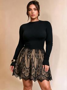 Cravure Women's Plus Size Autumn/Winter Elegant Fitted Contrast Lace Long Sleeve Dress Fall - Black - View 5
