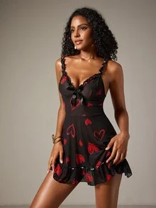DreamPoppy Sexy Women Heart Print 2 Pieces Pajamas Set With Thong, Ruffle Hem & Adjustable Straps - Black - View 7