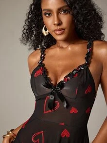DreamPoppy Sexy Women Heart Print 2 Pieces Pajamas Set With Thong, Ruffle Hem & Adjustable Straps - Black - View 3