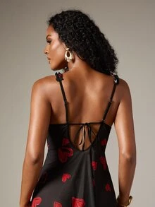 DreamPoppy Sexy Women Heart Print 2 Pieces Pajamas Set With Thong, Ruffle Hem & Adjustable Straps - Black - View 2