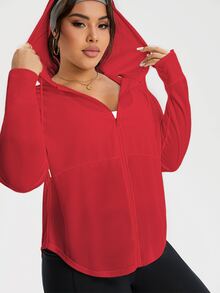 Rhythm Era Plus Size Solid Color Drop Shoulder Long Sleeve Curved Hem Drawstring Hoodie Casual Sports Jacket Fall - Red - View 9
