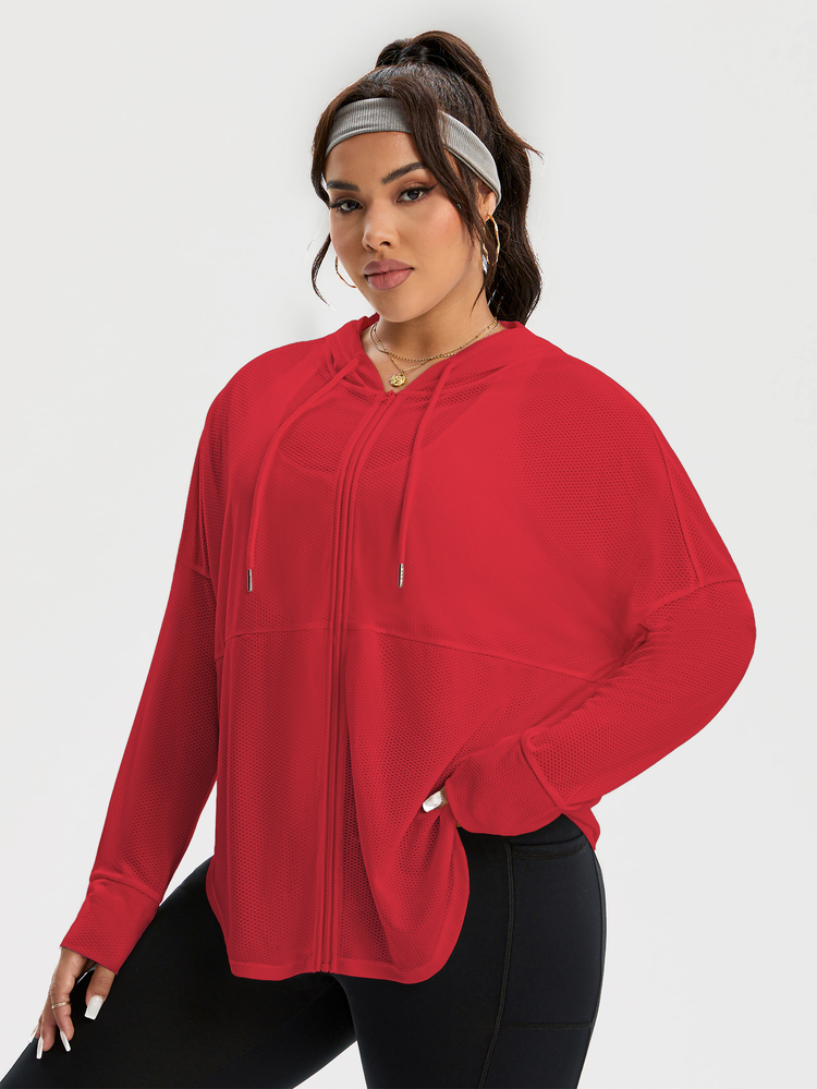 Rhythm Era Plus Size Solid Color Drop Shoulder Long Sleeve Curved Hem Drawstring Hoodie Casual Sports Jacket Fall - Red - View 6