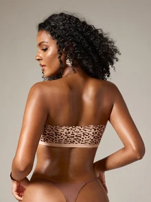 DreamPoppy 1pc Front Closure Removable Cup Bralette (Strapless, Wire-Free, Seamless Bra Style, Mature Leopard Print Invisible Bra) - Coral Orange - View 2