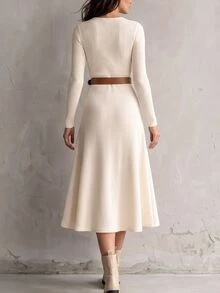 SHEIN Vintage Fashion Elegant Gold Button Decor Casual Commute Waist-Cinching A-Line Long Sleeve Knit Ribbed Thickened Women's Dress - Apricot - View 2