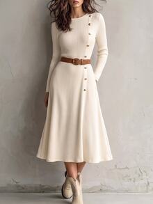 SHEIN Vintage Fashion Elegant Gold Button Decor Casual Commute Waist-Cinching A-Line Long Sleeve Knit Ribbed Thickened Women's Dress - Apricot - View 3