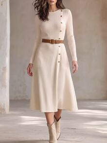 SHEIN Vintage Fashion Elegant Gold Button Decor Casual Commute Waist-Cinching A-Line Long Sleeve Knit Ribbed Thickened Women's Dress - Apricot - View 7