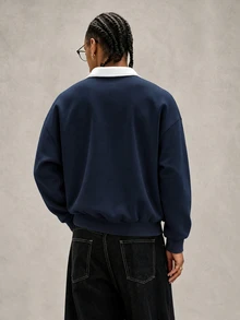 PAVTROS 宽松男士撞色领 Polo 衫长袖 Polo 衫橄榄球衫 Polo 衫橄榄球长袖男士秋冬装 - 藏蓝色 - 查看 5