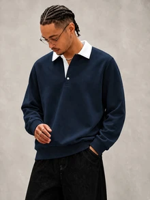 PAVTROS 宽松男士撞色领 Polo 衫长袖 Polo 衫橄榄球衫 Polo 衫橄榄球长袖男士秋冬装 - 藏蓝色 - 查看 4