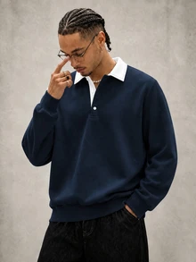 PAVTROS 宽松男士撞色领 Polo 衫长袖 Polo 衫橄榄球衫 Polo 衫橄榄球长袖男士秋冬装 - 藏蓝色 - 查看 1