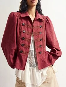 Bohemela Casual Elegant 80s Vintage Retro 80s Solid Color Woven Fitted Women's Jacket Everyday Burgundy Red Autumn Everyday Date - Red - View 3