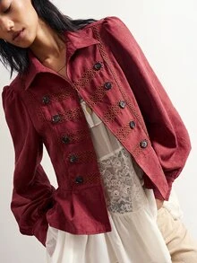Bohemela Casual Elegant 80s Vintage Retro 80s Solid Color Woven Fitted Women's Jacket Everyday Burgundy Red Autumn Everyday Date - Red - View 5