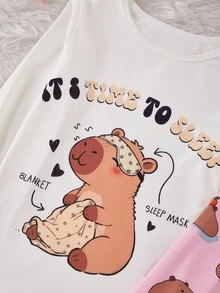1套女童修身睡衣套裝，可愛水豚卡通印花上衣搭配字母圖案，白色上衣與粉色長褲，高彈性親膚修身長袖兩件套（1套單獨販售） - 彩色 - 查看 6
