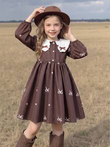 Girls Sweet Bow Pattern Printed Pleated Button Princess Dress Autumn Casual Fairy Cowgirl First Birthday 7th Birthday Wedding Brown Thanksgiving - Multicolor - View 6