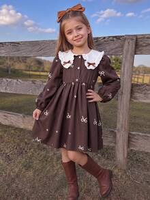 Girls Sweet Bow Pattern Printed Pleated Button Princess Dress Autumn Casual Fairy Cowgirl First Birthday 7th Birthday Wedding Brown Thanksgiving - Multicolor - View 5