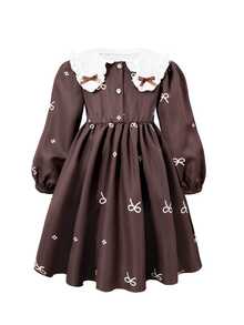 Girls Sweet Bow Pattern Printed Pleated Button Princess Dress Autumn Casual Fairy Cowgirl First Birthday 7th Birthday Wedding Brown Thanksgiving - Multicolor - View 8