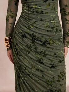 Silquee 女款網格拼接百褶收腰優雅派對洋裝 秋冬女裝 秋冬洋裝 女款優雅洋裝 節慶穿搭 - 0.霧綠 - 查看 7