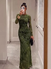 Silquee 女款網格拼接百褶收腰優雅派對洋裝 秋冬女裝 秋冬洋裝 女款優雅洋裝 節慶穿搭 - 0.霧綠 - 查看 3
