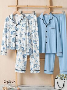 Autumn/Winter Teen Girls Red & White Sweet Bow Pattern Long Pants & Long Sleeve Casual Comfortable 2 Pieces Loungewear Set - Blue and White - View 1