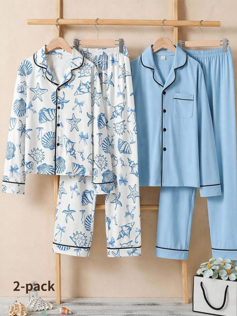 Autumn/Winter Teen Girls Red & White Sweet Bow Pattern Long Pants & Long Sleeve Casual Comfortable 2 Pieces Loungewear Set - Blue and White - View 1