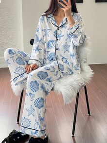 Autumn/Winter Teen Girls Red & White Sweet Bow Pattern Long Pants & Long Sleeve Casual Comfortable 2 Pieces Loungewear Set - Blue and White - View 6