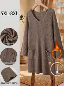 SHEIN CURVE+ Plus Size Women's Sweater Dress With Pockets, Suitable For Autumn/Winter - Brown - View 3