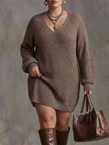 SHEIN CURVE+ Plus Size Women's Sweater Dress With Pockets, Suitable For Autumn/Winter - Brown - View 1