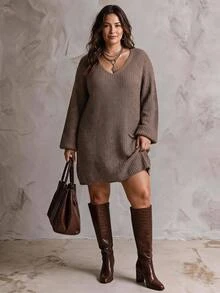 SHEIN CURVE+ Plus Size Women's Sweater Dress With Pockets, Suitable For Autumn/Winter - Brown - View 2
