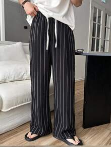 STEELVANCE Men's Drawstring Waist Striped Casual Daily Travel Sports Long Pants - Black - View 1