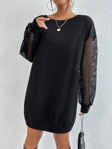 Firerie Contrast Fishnet Drop Shoulder Sweatshirt,Elegant ,Black In Fall/Winter - Black - View 5
