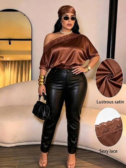 KIORVELLA Plus Size Women Sexy Elegant Casual Commute Shiny Satin Lace Blouse Waist-Cinching Short Length