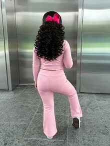 SHEIN LMoss Kids 女童針織素色立領休閒夾克與長褲兩件套，保暖內裡刷毛厚實面料，適合秋冬穿著 - 粉色 - 查看 2