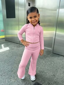 SHEIN LMoss Kids 女童針織素色立領休閒夾克與長褲兩件套，保暖內裡刷毛厚實面料，適合秋冬穿著 - 粉色 - 查看 7