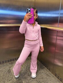 SHEIN LMoss Kids 女童針織素色立領休閒夾克與長褲兩件套，保暖內裡刷毛厚實面料，適合秋冬穿著 - 粉色 - 查看 4