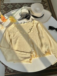 SHEIN EZwear 大尺碼女款純色單排扣長袖羅紋T恤，秋季約會之夜正式款，柔和黃色休閒風 - 黃色 - 查看 4