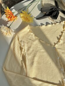 SHEIN EZwear 大尺碼女款純色單排扣長袖羅紋T恤，秋季約會之夜正式款，柔和黃色休閒風 - 黃色 - 查看 7