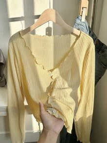 SHEIN EZwear 大尺碼女款純色單排扣長袖羅紋T恤，秋季約會之夜正式款，柔和黃色休閒風 - 黃色 - 查看 2