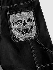 ROMWE MEN 男士寬鬆版型牛仔褲，附骷髏刺繡圖案 - 黑色 - 查看 4