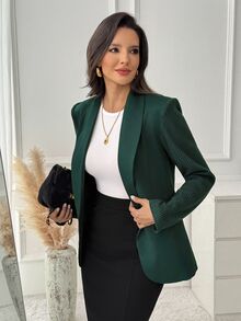 Medorina 優雅商務風拼接百褶西裝外套，紋理針織深綠色，修身墊肩，適合辦公通勤，秋冬服飾 - 咖啡棕 - 查看 4