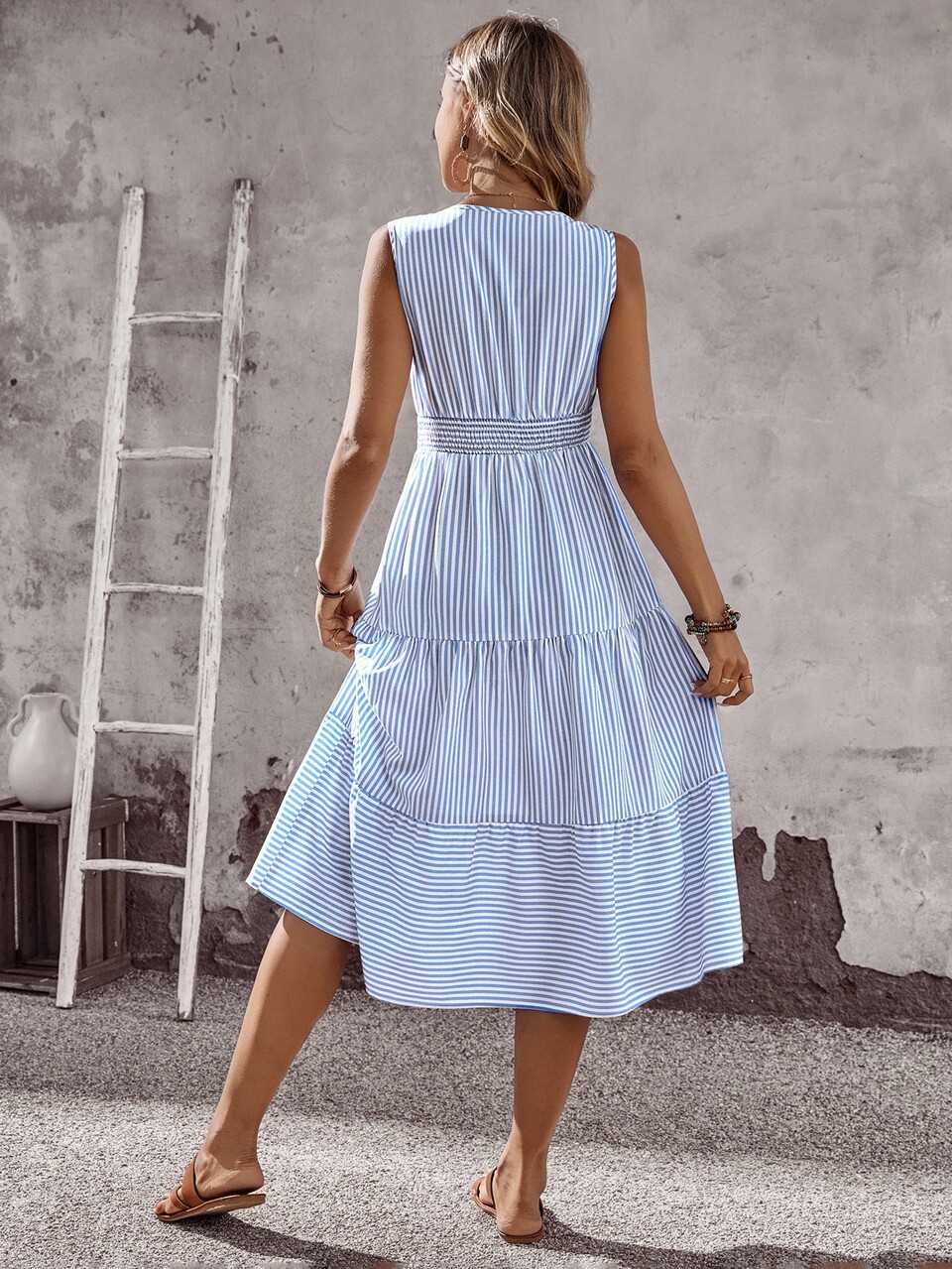 Women's Blue And White Stripe Summer Boho Tropical Holiday Vacation Midi Dress, Sleeveless Shirred Waist Ruffle Hem Casual Sundress Elegant Graduation