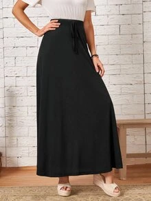 EMERY ROSE Solid High Waist Knot Front Skirt Brunch Everyday Plain Black Summer Casual Basic - Black - View 4